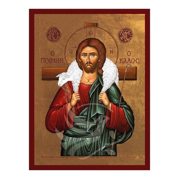 Jesus Christ The Good Shepherd Greek Orthodox Icon Wall Art , Poster Print Only