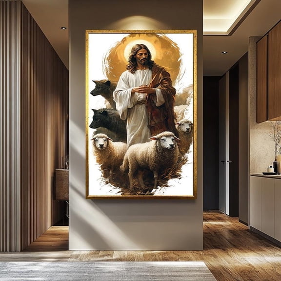 Jesus Christ The Good Shepherd Print Spiritual Protection Artwork Sheep And Wolves Christian Wall Art Faith Home Decor Unframed Paper Print