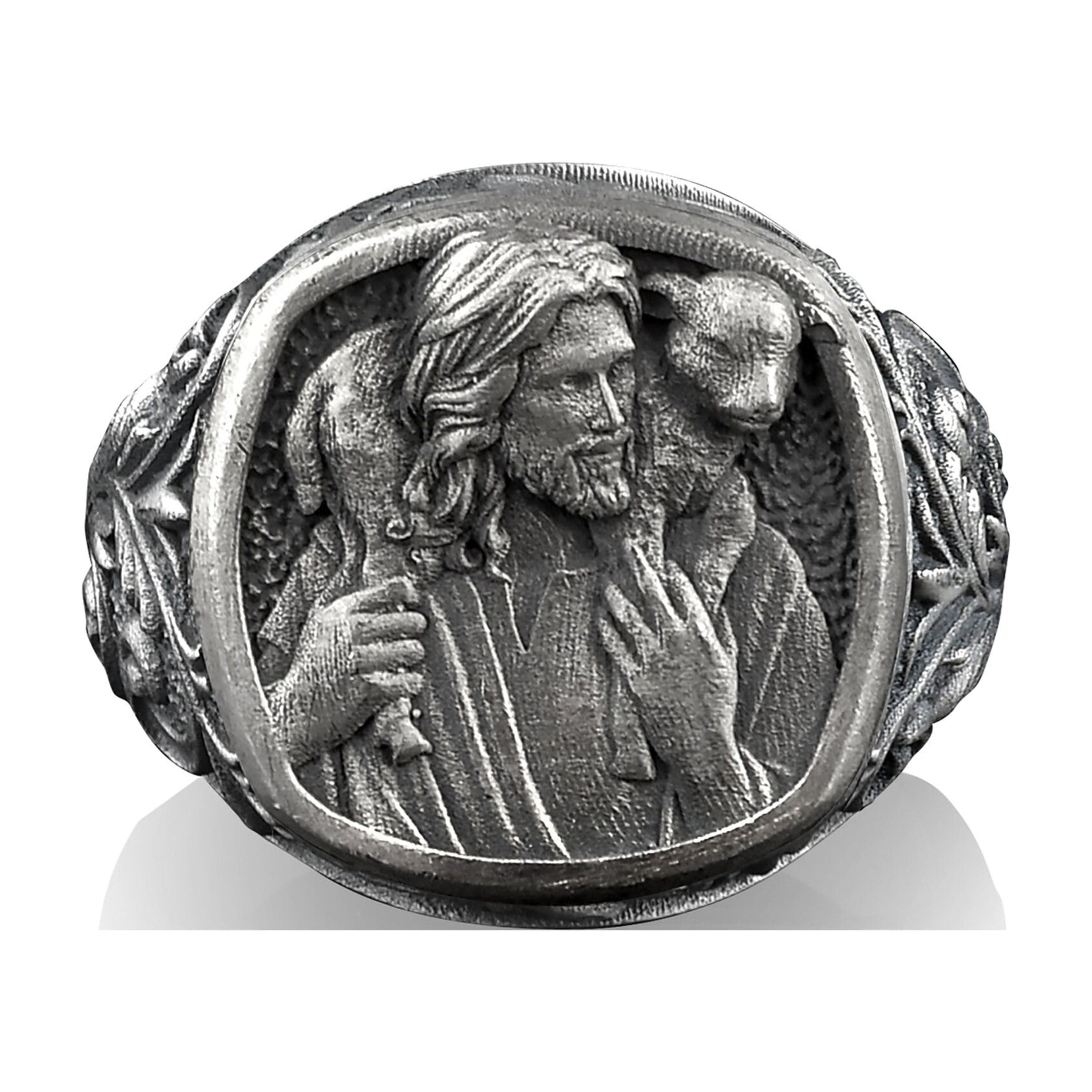 Jesus Christ The Good Shepherd, Sterling Silver Square Ring