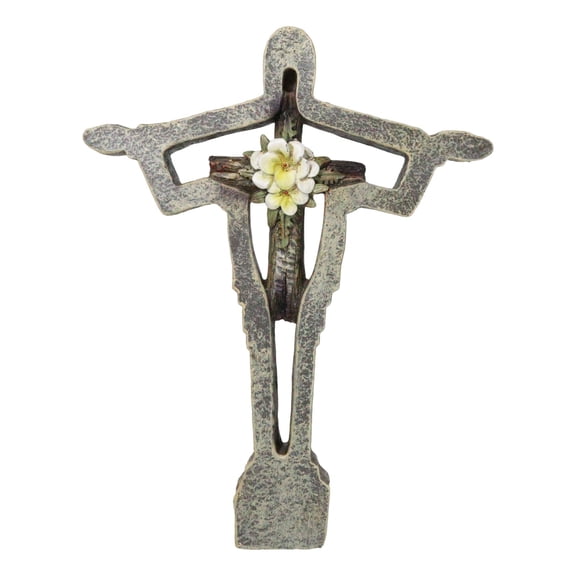 Jesus Christ The Redeemer With White Flower Faux Wooden Layered Wall Cross