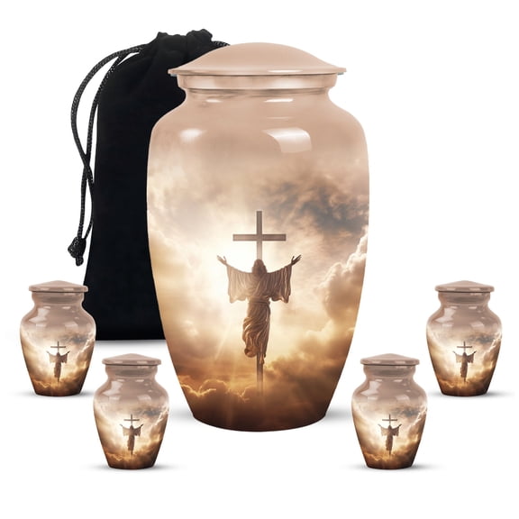 Jesus Christ Tiny Burial Urns For Human Ashes Adult Male - Large Cremation Urn For Ashes Adult Mom - Decorative Gifts For Memorial Combo 10Inch 200Lbs And 3Inch 4 Keepsake