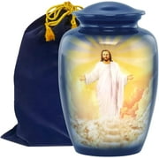 Jesus Christ Cremation Urn for Human Ashes Adult Male Female, Catholic Religious Memorial Burial Urn, Handpainted Aluminum Funeral Urn with Threaded Lid, Holds 210 Lbs, Velvet Bag Large, Blue