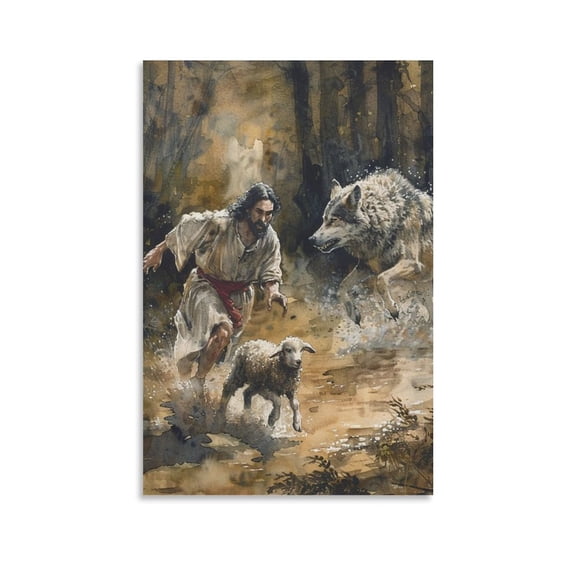 Jesus Christ Wall Decor - Jesus Protects The Lamb - The Lord Is My Savior Bible Painting Wall Art Poster Gifts Bedroom Prints Home Decor Hanging Picture Canvas Painting Posters 12x18inch(30x45cm)