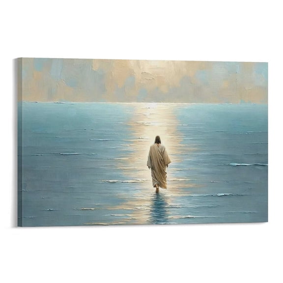 Jesus Christ Wall Decor - Jesus Walking on Water Towards Light Vintage Canvas Painting Picture Print Canvas Poster Wall Paint Art Posters Decor Modern Home Artworks Gift 12x18inch(30x45cm)