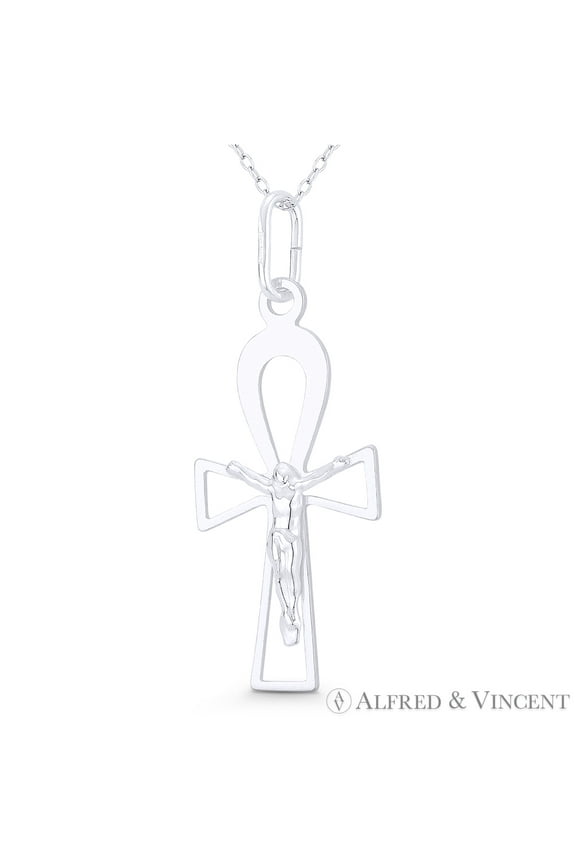 Jesus Christ on Egyptian Ankh Key-of-Life Cross Charm Pendant & Chain Necklace in .925 Sterling Silver