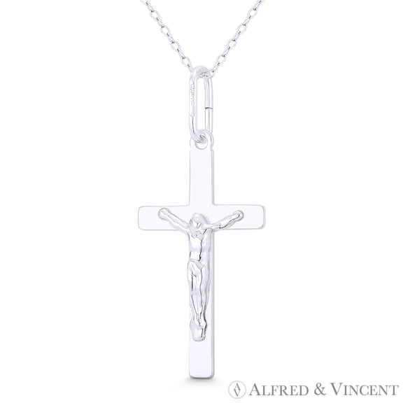 Jesus Christ on Flat Christian Catholic Latin Crucifix Cross Pendant & Chain Necklace in .925 Sterling Silver