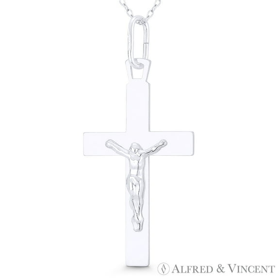 Jesus Christ on Flat Christian Catholic Latin Crucifix Cross Pendant & Chain Necklace in .925 Sterling Silver