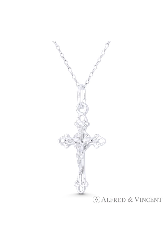 Jesus Christ on Fleur-De-Lis Crucifix Cross Christian Catholic Pendant & Chain Necklace in .925 Sterling Silver