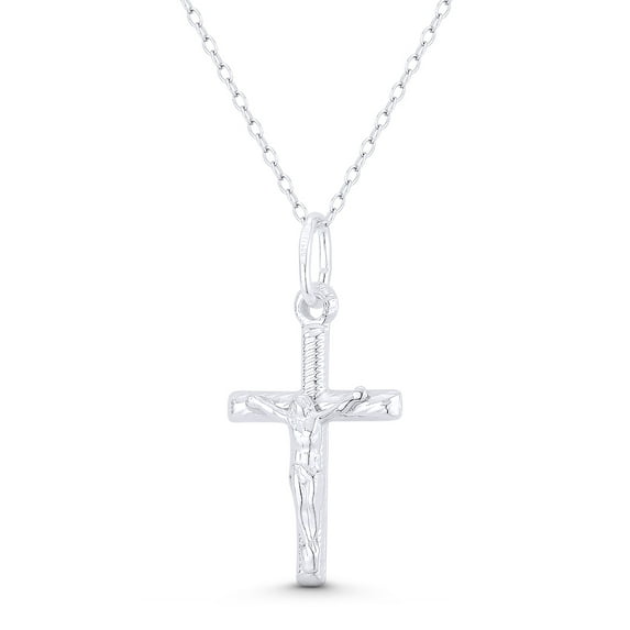 Jesus Christ on Ribbed-Texture Latin Crucifix Christian Catholic Cross 31x16mm (1.5x0.6in) Pendant & Chain Necklace in .925 Sterling Silver