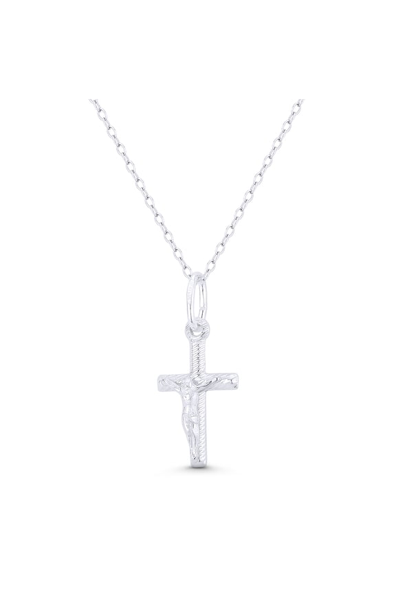 Jesus Christ on Ribbed-Texture Latin Crucifix Christian Catholic Cross 26x12mm (1x0.5in) Pendant & Chain Necklace in .925 Sterling Silver