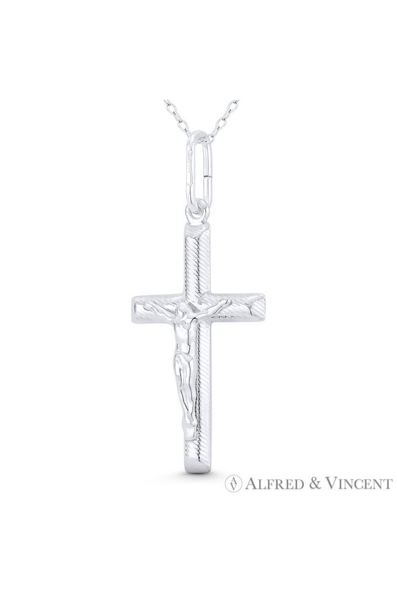 Jesus Christ on Ribbed-Texture Latin Crucifix Christian Catholic Cross Pendant in .925 Sterling Silver