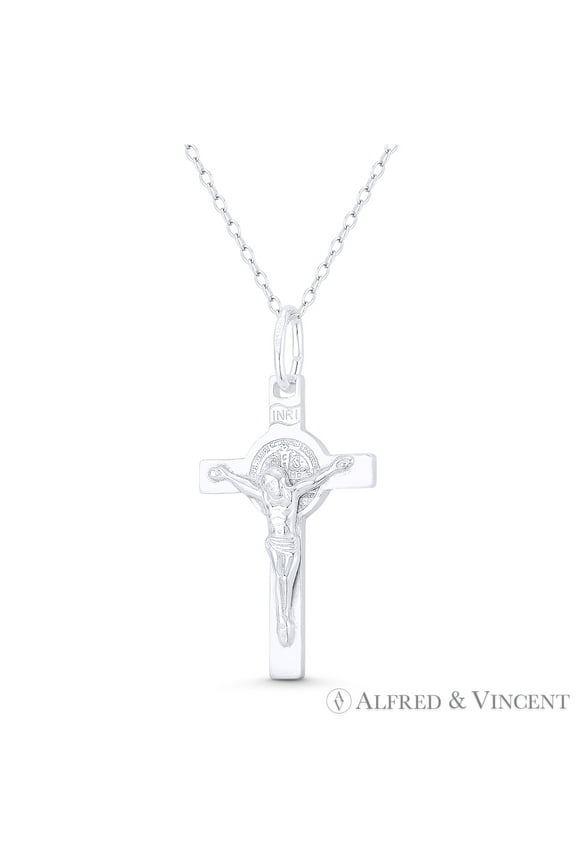 Jesus Christ on St. Benedict Cross Christian Catholic Pendant & Chain Necklace in .925 Sterling Silver