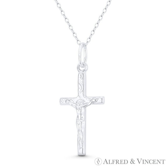 Jesus Christ on Stylized Christian Catholic Latin Crucifix Cross Pendant & Chain Necklace in .925 Sterling Silver
