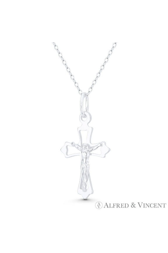 Jesus Christ on Stylized Christian Catholic Latin Crucifix Cross Pendant & Chain Necklace in .925 Sterling Silver