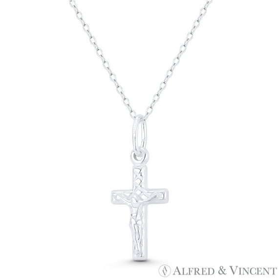 Jesus Christ on Stylized Christian Catholic Latin Crucifix Cross Pendant in .925 Sterling Silver