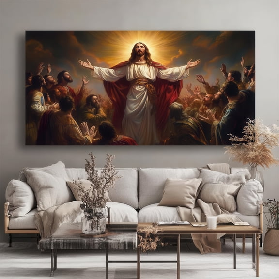 Jesus Christ with Disciples Framed Canvas Wall Art 48x24 inch Religious Painting for Living Room Bedroom Home Decor