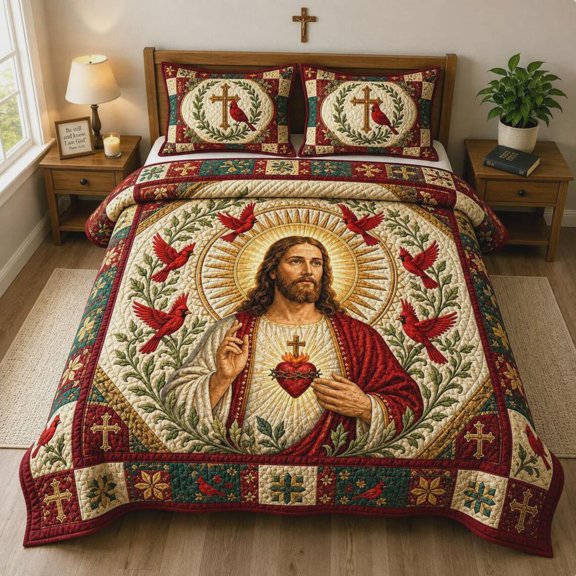 Jesus Christian 3 Piece Quilted Bedding Set, Sacred Heart Cross Bedding Set