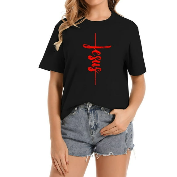 Jesus Christian Cross Art Cursive Inspiring Gift Trendy Women's Top with Bold Graphic Print, Comfortable and Chic
