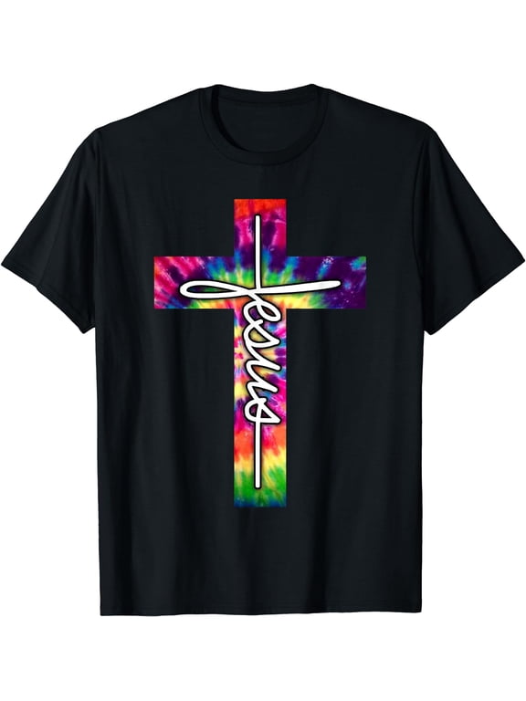 Jesus Christian Hippie Graphic Tees Tie Dye Cross T-Shirt Black 2X-Large