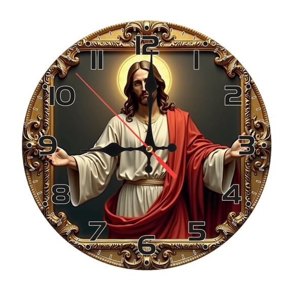 Jesus Christianity Saint Wall Clock 10 Inch Silent Non Ticking Round Wooden Clock Decoration for Living Room Kitchen Bedroom Bathroom Office Classroom