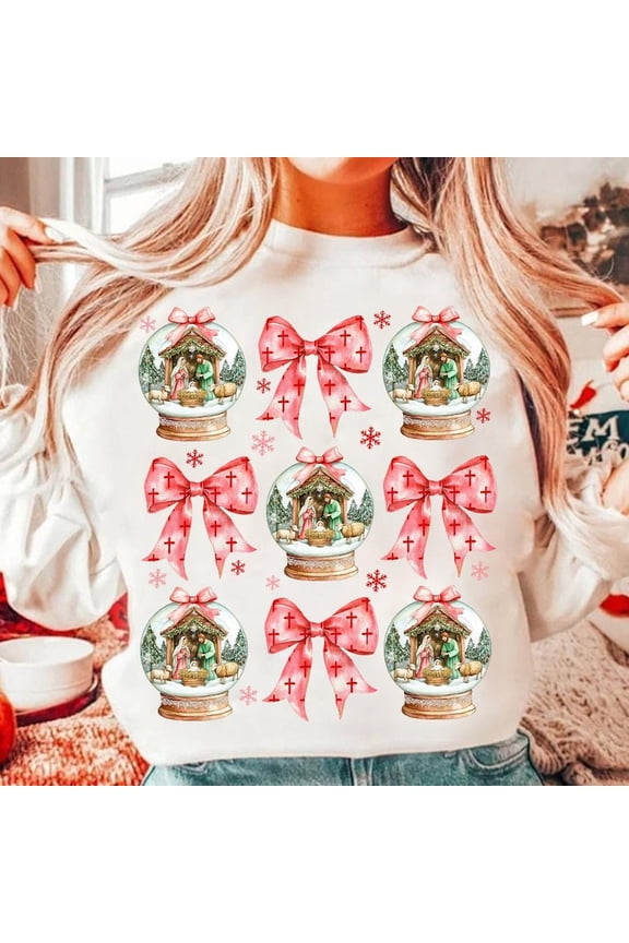 Jesus Christmas Coquette Sweater, Nativity Scene Snow Globe Pullover, Baby Jesus Oh Holy Night Sweatshirt