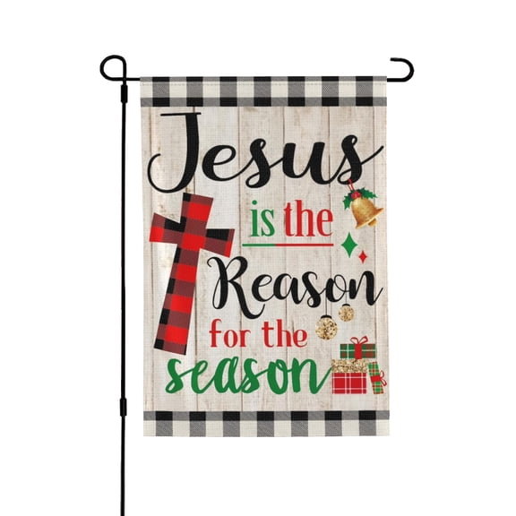 Jesus Christmas Garden Flag 28x40in Double Sided, Burlap Large "Jesus is The Reason for The Season" Garden Yard Flags for Xmas Merry Christmas Winter Outside Outdoor House Decor (ONLY FLAG)