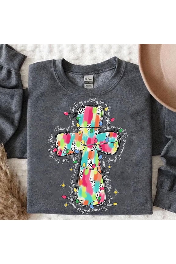 Jesus Christmas Sweatshirt, Christian Bible Verse Cross Crewneck, Oh Holy Night Nativity Scene Xmas Brushstroke Sweater