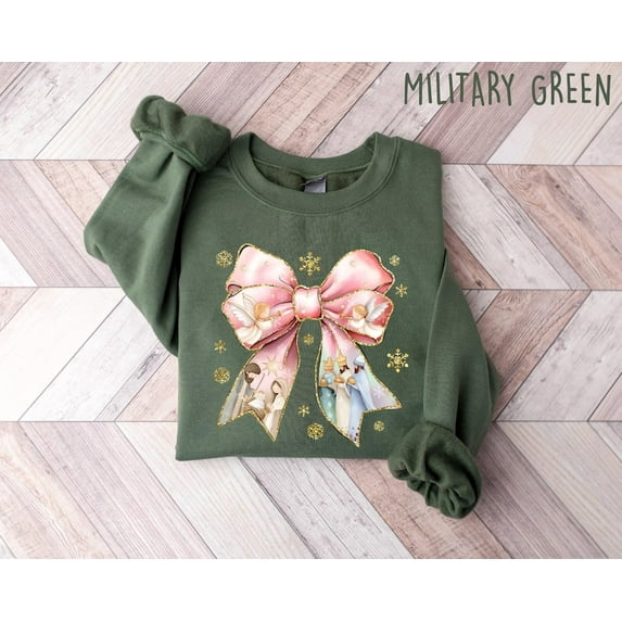 Jesus Christmas Sweatshirt, Coquette Bow Sweater, Christian Christmas Shirt, Nativity Scene Sweater, Bible Verse Gift, Love Like Jesus Shirt
