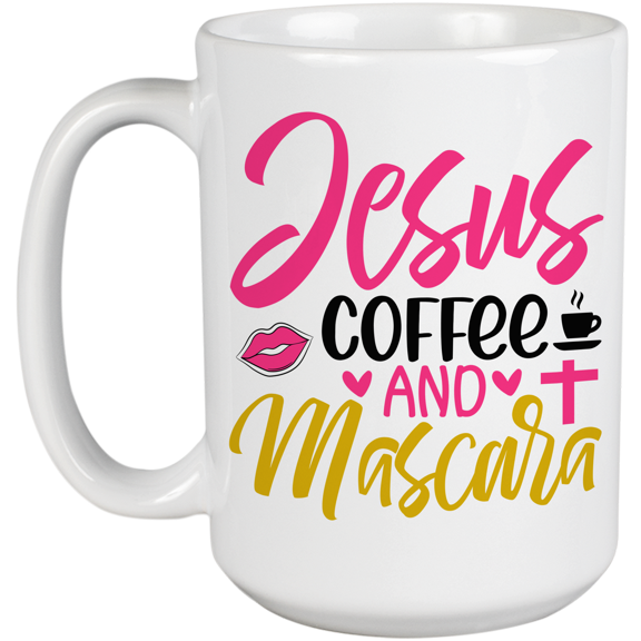 Jesus, Coffee and Mascara - Beauty Themed Merch for Makeup Artist or Cosmetologist, Gift for Makeup Lovers & Beauticians, White Mug 15oz