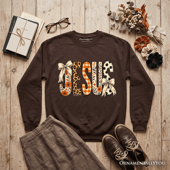 Jesus Coquette Fall Sweatshirt, Leopard Plaid Floral Christian Faith Sweater