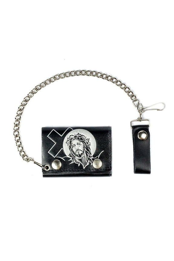 Jesus & Cross Black Leather Tri-Fold Men's Chain Wallet, USA Made