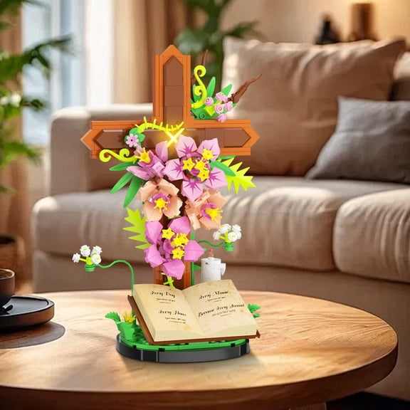 Jesus Cross Building Blocks Statue Set, with Book, Floral  Greenery Accents, Christian Flowers Building Toys, Great Collectible Toy Model Display (363 PCS)26.2*11.4*27CM