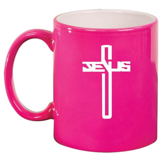 Jesus Cross Ceramic Coffee Mug Tea Cup Gift for Her, Him, Friend, Coworker, Wife, Husband (11oz Hot Pink)