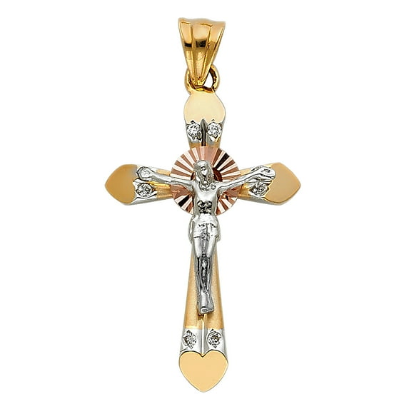 Jesus Cross Charm Solid 14k White Yellow Gold Crucifix Pendant Celtic Christ Budded CZ Fancy 19 x 30 mm