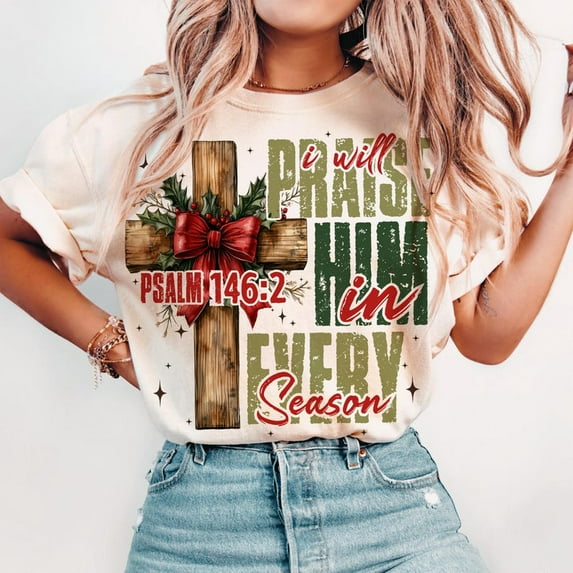 Jesus Cross Christmas T-Shirt – Faith-Based Holiday Tee with Bible Theme, Bow Detail, and Religious Christmas Spirit