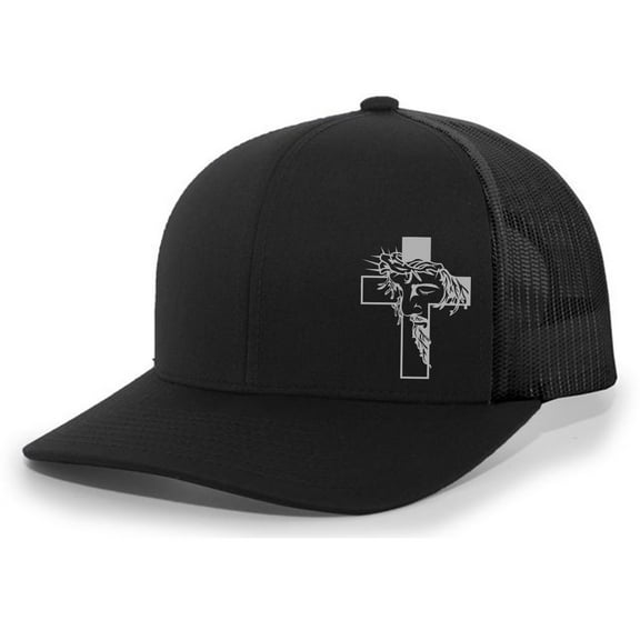 Jesus Cross Crown of Thorns Christian Men's Mesh Back Trucker Hat Baseball Cap, Black/Black