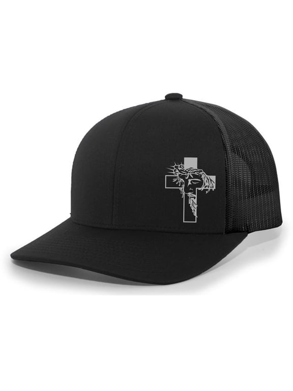Jesus Cross Crown of Thorns Christian Men's Mesh Back Trucker Hat Baseball Cap, Black/Black