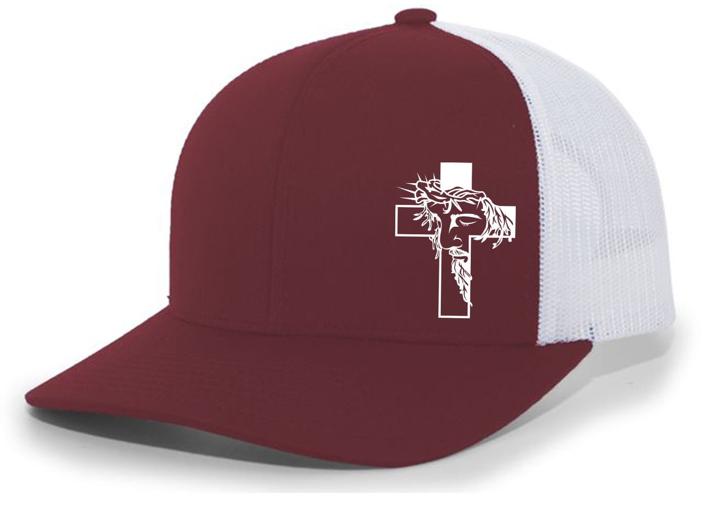 Jesus Cross Crown of Thorns Christian Men's Mesh Back Trucker Hat Baseball Cap, Cardinal/White