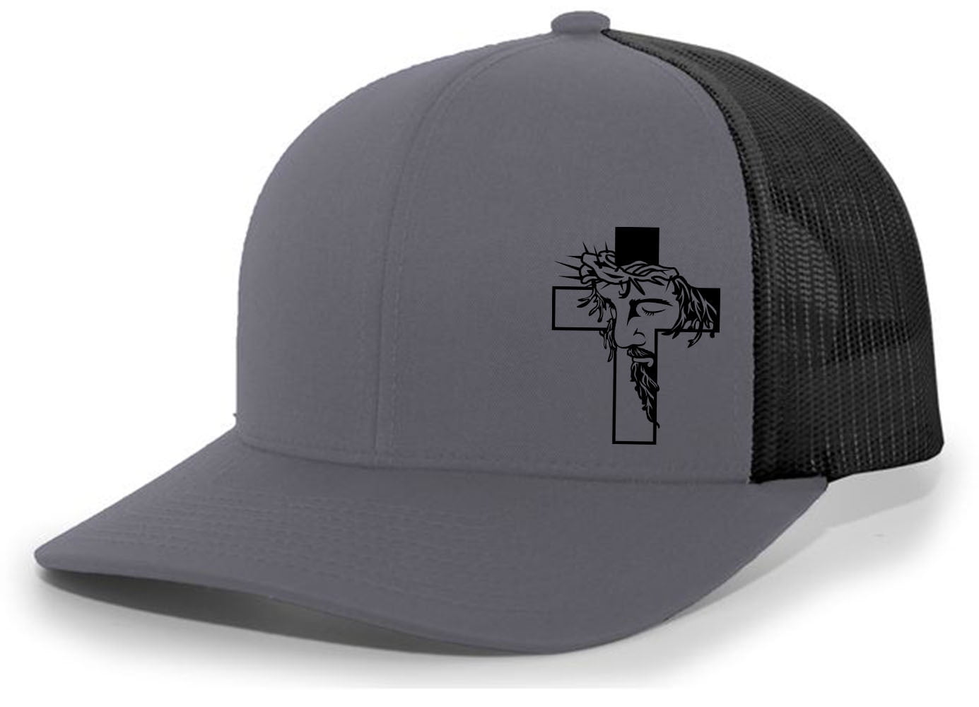 Jesus Cross Crown of Thorns Christian Men's Mesh Back Trucker Hat Baseball Cap, Charcoal/Black