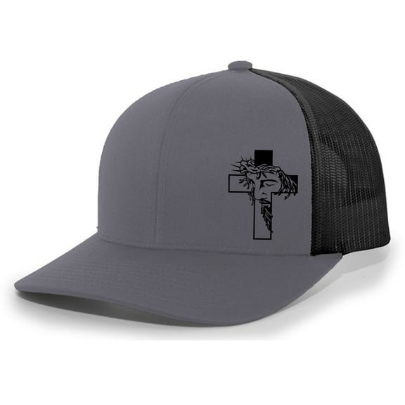 Jesus Cross Crown of Thorns Christian Men's Mesh Back Trucker Hat Baseball Cap, Charcoal/Black