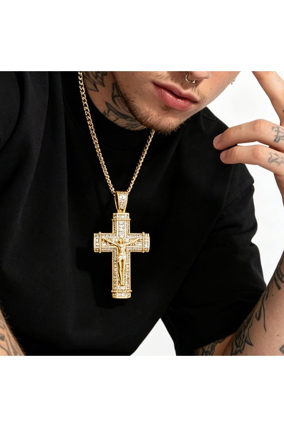 Jesus Cross Crucifix 14K White Gold Pendant Necklace for Women Men Gold Color Rhinestones Chain Christian Amulet Jewelry Gift