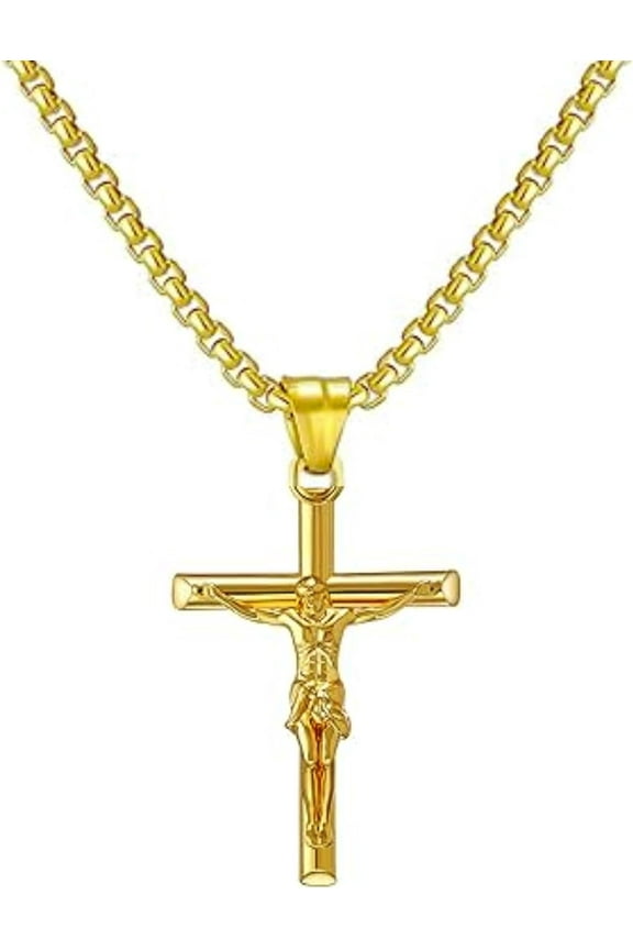 Jesus Cross Crucifix Pendant Necklace for Men/Women with 3mm 22' Stainless steel Box chain Necklace