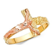 GEMAPEX Jesus Cross Crucifix Ring Solid 14k Yellow Rose Gold Religious Band Diamond Cut Two Tone 13MM