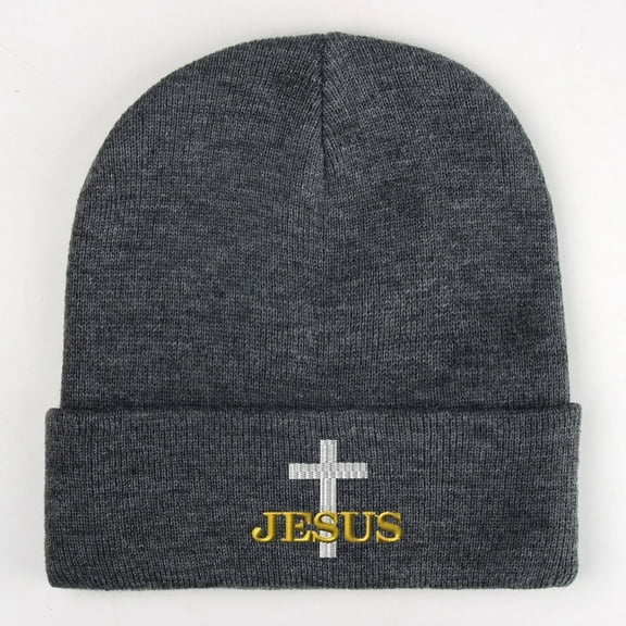 VERG Jesus Cross Embroidery Knitted Skull Cap Acrylic Christmas Beanie, Gray, One Size, 1 Count