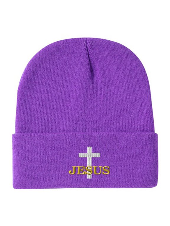 Jesus Cross Embroidery Acrylic Beanie Unisex Knitted Skull Cap with Alphabet Pattern