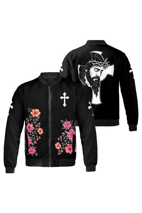 Jesus Cross Floral Bomber Jacket - Christian Faith Apparel for Women and Men – Religious Flower Design Outerwear