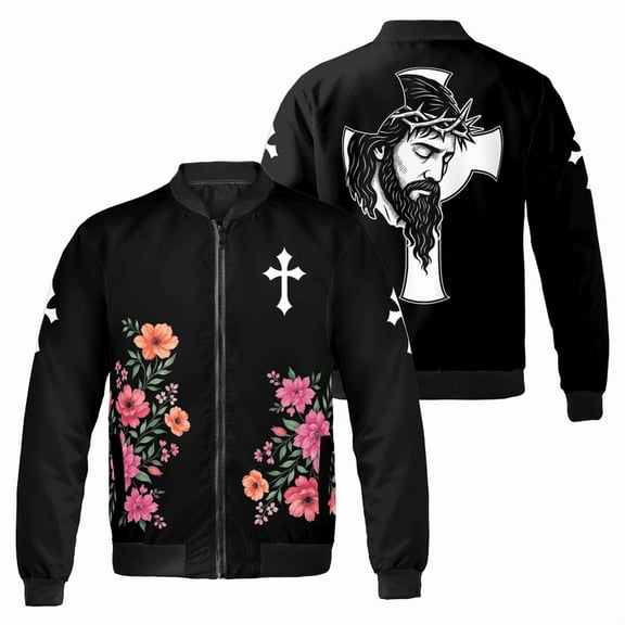 Jesus Cross Floral Bomber Jacket - Christian Faith Apparel for Women and Men – Religious Flower Design Outerwear