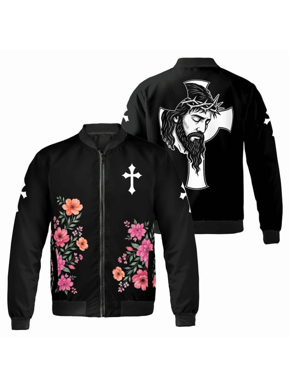 Jesus Cross Floral Bomber Jacket - Christian Faith Apparel for Women and Men – Religious Flower Design Outerwear