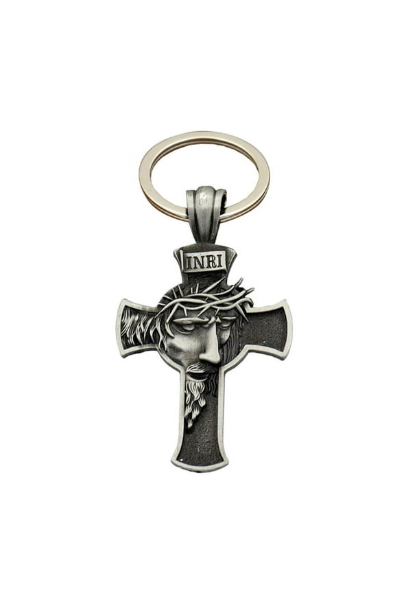 Jesus Cross Keychain Pendant Head Wearing Crown Thorns Retro Religious Gift Men & Women Pray Peace & No Disease