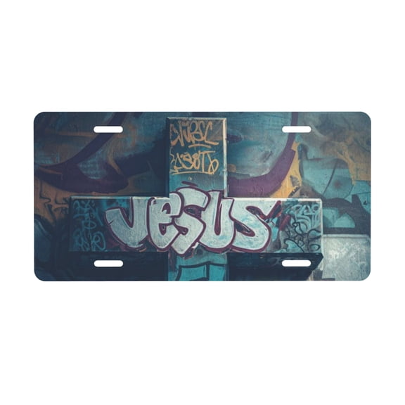 Jesus Cross License Plate, Front Car Plate with 4 Holes, Weatherproof Novelty Plate, 6x12 Inch